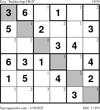 The grouppuzzles.com Easy Sudoku-6up-UR-D puzzle for Saturday January 18, 2025 with the first 3 steps marked