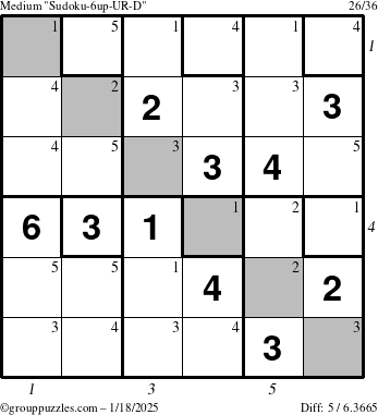 The grouppuzzles.com Medium Sudoku-6up-UR-D puzzle for Saturday January 18, 2025, suitable for printing, with all 5 steps marked