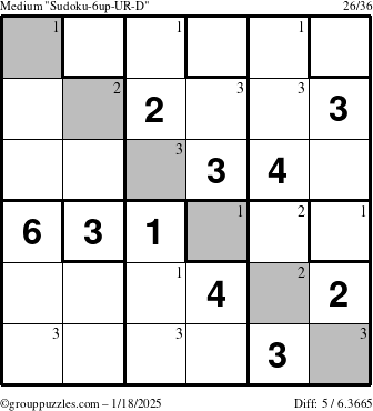 The grouppuzzles.com Medium Sudoku-6up-UR-D puzzle for Saturday January 18, 2025 with the first 3 steps marked