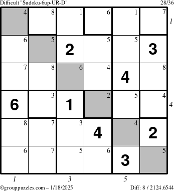 The grouppuzzles.com Difficult Sudoku-6up-UR-D puzzle for Saturday January 18, 2025 with all 8 steps marked