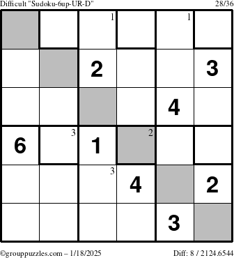 The grouppuzzles.com Difficult Sudoku-6up-UR-D puzzle for Saturday January 18, 2025 with the first 3 steps marked