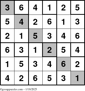 The grouppuzzles.com Answer grid for the Sudoku-6up-UR-D puzzle for Saturday January 18, 2025