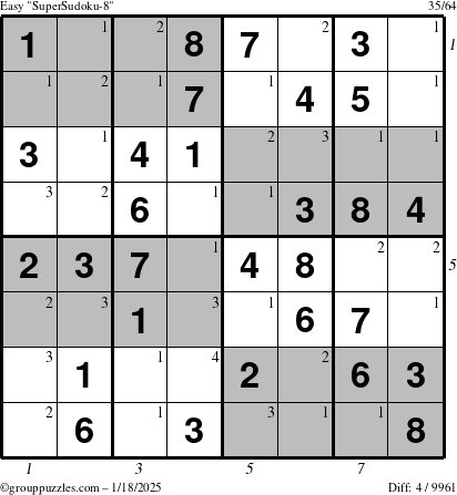 The grouppuzzles.com Easy SuperSudoku-8 puzzle for Saturday January 18, 2025 with all 4 steps marked