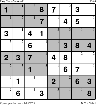 The grouppuzzles.com Easy SuperSudoku-8 puzzle for Saturday January 18, 2025 with the first 3 steps marked