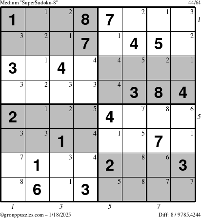 The grouppuzzles.com Medium SuperSudoku-8 puzzle for Saturday January 18, 2025 with all 8 steps marked