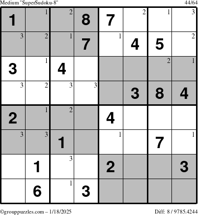 The grouppuzzles.com Medium SuperSudoku-8 puzzle for Saturday January 18, 2025 with the first 3 steps marked