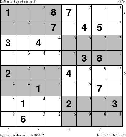 The grouppuzzles.com Difficult SuperSudoku-8 puzzle for Saturday January 18, 2025 with all 9 steps marked