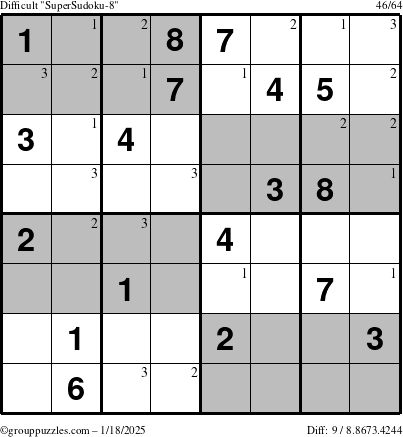 The grouppuzzles.com Difficult SuperSudoku-8 puzzle for Saturday January 18, 2025 with the first 3 steps marked