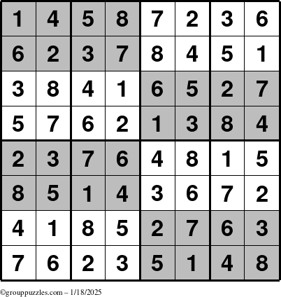 The grouppuzzles.com Answer grid for the SuperSudoku-8 puzzle for Saturday January 18, 2025