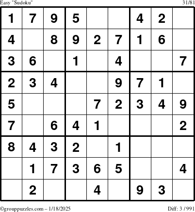 The grouppuzzles.com Easy Sudoku puzzle for Saturday January 18, 2025