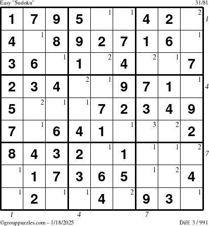 The grouppuzzles.com Easy Sudoku puzzle for Saturday January 18, 2025, suitable for printing, with all 3 steps marked