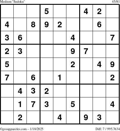 The grouppuzzles.com Medium Sudoku puzzle for Saturday January 18, 2025