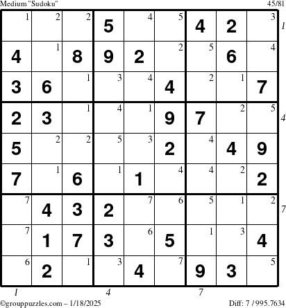 The grouppuzzles.com Medium Sudoku puzzle for Saturday January 18, 2025 with all 7 steps marked