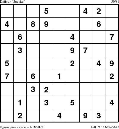 The grouppuzzles.com Difficult Sudoku puzzle for Saturday January 18, 2025