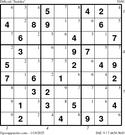 The grouppuzzles.com Difficult Sudoku puzzle for Saturday January 18, 2025 with all 9 steps marked