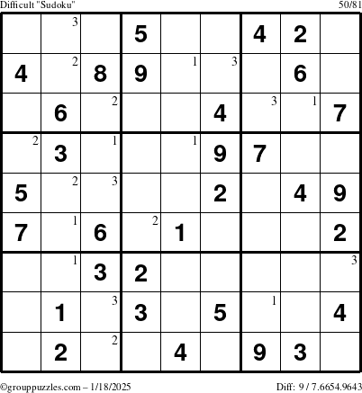 The grouppuzzles.com Difficult Sudoku puzzle for Saturday January 18, 2025 with the first 3 steps marked