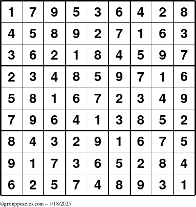 The grouppuzzles.com Answer grid for the Sudoku puzzle for Saturday January 18, 2025