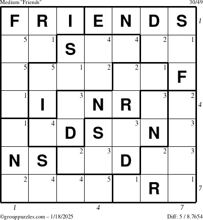 The grouppuzzles.com Medium Friends puzzle for Saturday January 18, 2025 with all 5 steps marked