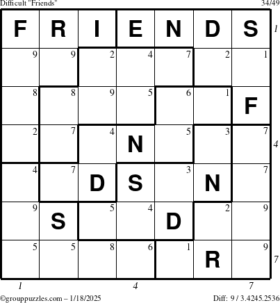 The grouppuzzles.com Difficult Friends puzzle for Saturday January 18, 2025 with all 9 steps marked