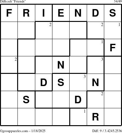 The grouppuzzles.com Difficult Friends puzzle for Saturday January 18, 2025 with the first 3 steps marked