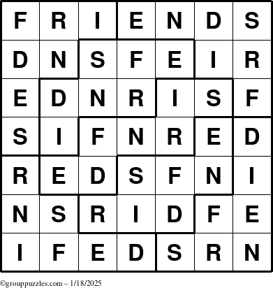 The grouppuzzles.com Answer grid for the Friends puzzle for Saturday January 18, 2025