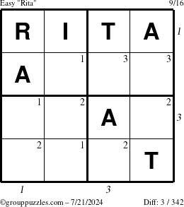 The grouppuzzles.com Easy Rita puzzle for Sunday July 21, 2024, suitable for printing, with all 3 steps marked