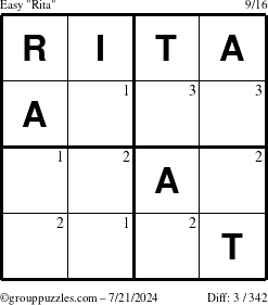 The grouppuzzles.com Easy Rita puzzle for Sunday July 21, 2024 with the first 3 steps marked