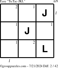 The grouppuzzles.com Easy TicTac-JKL puzzle for Sunday July 21, 2024 with all 2 steps marked