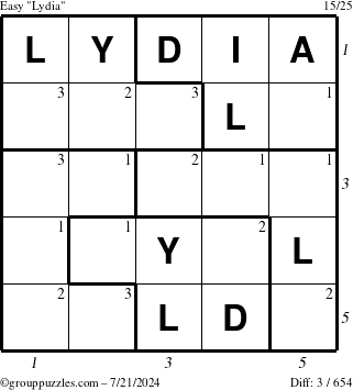 The grouppuzzles.com Easy Lydia puzzle for Sunday July 21, 2024 with all 3 steps marked