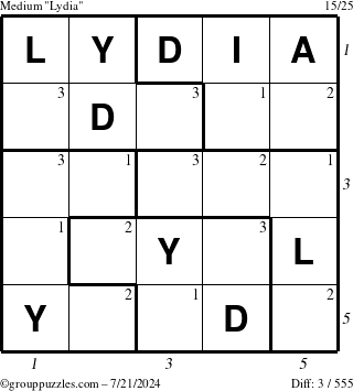 The grouppuzzles.com Medium Lydia puzzle for Sunday July 21, 2024 with all 3 steps marked