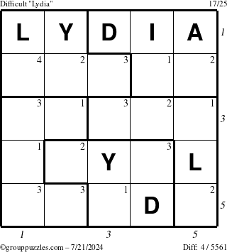 The grouppuzzles.com Difficult Lydia puzzle for Sunday July 21, 2024, suitable for printing, with all 4 steps marked