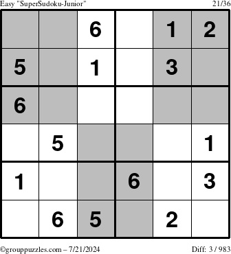 The grouppuzzles.com Easy SuperSudoku-Junior puzzle for Sunday July 21, 2024