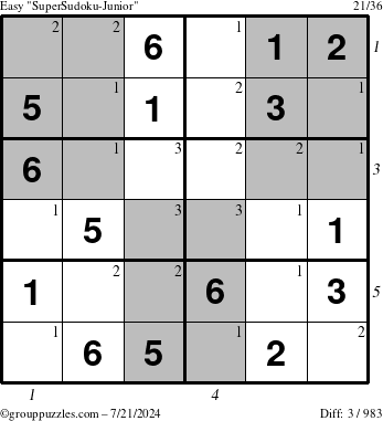 The grouppuzzles.com Easy SuperSudoku-Junior puzzle for Sunday July 21, 2024 with all 3 steps marked