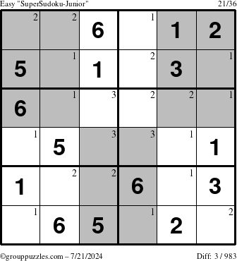 The grouppuzzles.com Easy SuperSudoku-Junior puzzle for Sunday July 21, 2024 with the first 3 steps marked