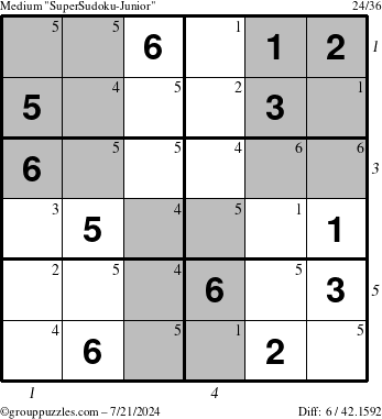 The grouppuzzles.com Medium SuperSudoku-Junior puzzle for Sunday July 21, 2024 with all 6 steps marked