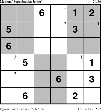 The grouppuzzles.com Medium SuperSudoku-Junior puzzle for Sunday July 21, 2024 with the first 3 steps marked