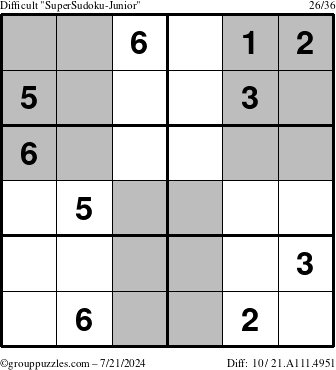 The grouppuzzles.com Difficult SuperSudoku-Junior puzzle for Sunday July 21, 2024