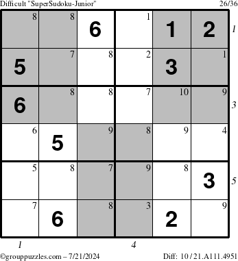 The grouppuzzles.com Difficult SuperSudoku-Junior puzzle for Sunday July 21, 2024 with all 10 steps marked