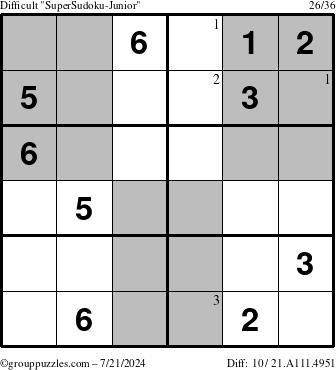 The grouppuzzles.com Difficult SuperSudoku-Junior puzzle for Sunday July 21, 2024 with the first 3 steps marked