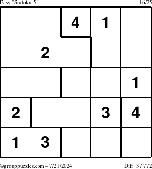 The grouppuzzles.com Easy Sudoku-5 puzzle for Sunday July 21, 2024