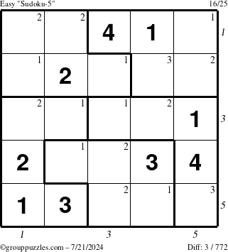 The grouppuzzles.com Easy Sudoku-5 puzzle for Sunday July 21, 2024 with all 3 steps marked