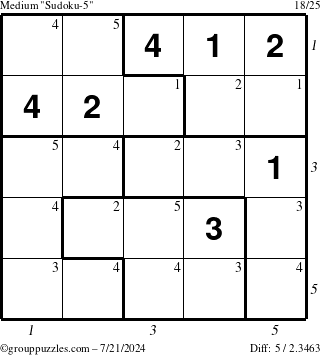 The grouppuzzles.com Medium Sudoku-5 puzzle for Sunday July 21, 2024 with all 5 steps marked