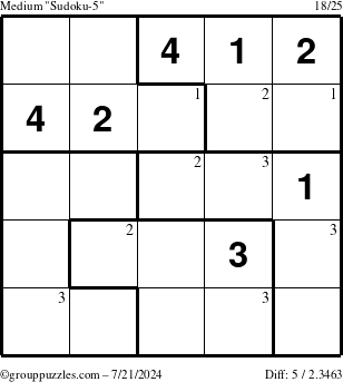 The grouppuzzles.com Medium Sudoku-5 puzzle for Sunday July 21, 2024 with the first 3 steps marked