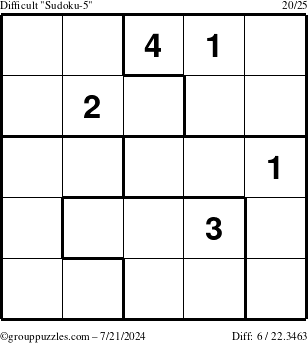 The grouppuzzles.com Difficult Sudoku-5 puzzle for Sunday July 21, 2024