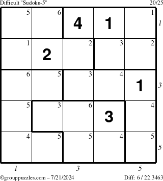 The grouppuzzles.com Difficult Sudoku-5 puzzle for Sunday July 21, 2024 with all 6 steps marked