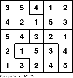 The grouppuzzles.com Answer grid for the Sudoku-5 puzzle for Sunday July 21, 2024