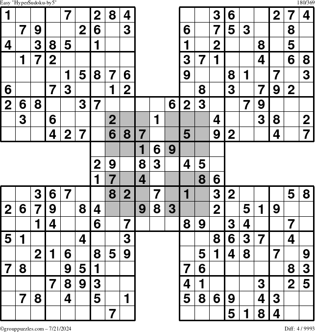 The grouppuzzles.com Easy HyperSudoku-by5 puzzle for Sunday July 21, 2024