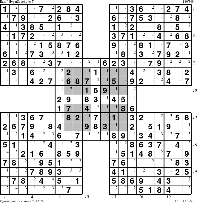 The grouppuzzles.com Easy HyperSudoku-by5 puzzle for Sunday July 21, 2024 with all 4 steps marked