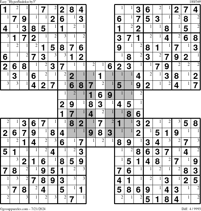 The grouppuzzles.com Easy HyperSudoku-by5 puzzle for Sunday July 21, 2024 with the first 3 steps marked