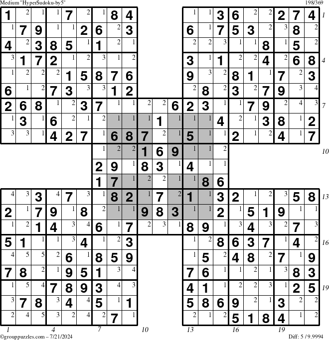 The grouppuzzles.com Medium HyperSudoku-by5 puzzle for Sunday July 21, 2024 with all 5 steps marked